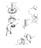 Маховик, распределительная коробка, катушка зажигания и статор 2-х тактного ПЛМ MERCURY 50EO Серийный номер от 0A721308 и выше